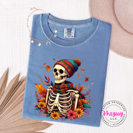 Blue Jean tee with the skeleton with plaid scarf and fall flowers design