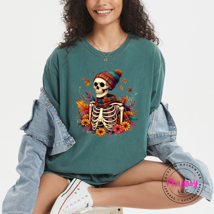 Blue Spruce tee with the autumn skeleton sunflower bouquet print