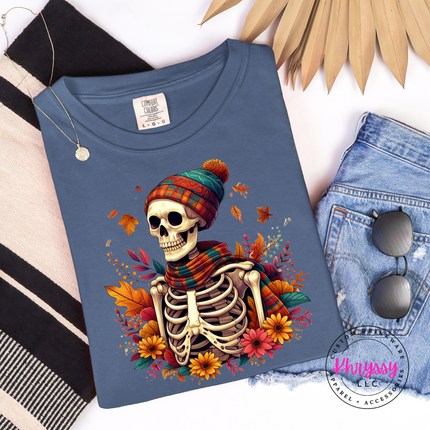 Fall Skeleton Cozy Autumn Floral Graphic Tee