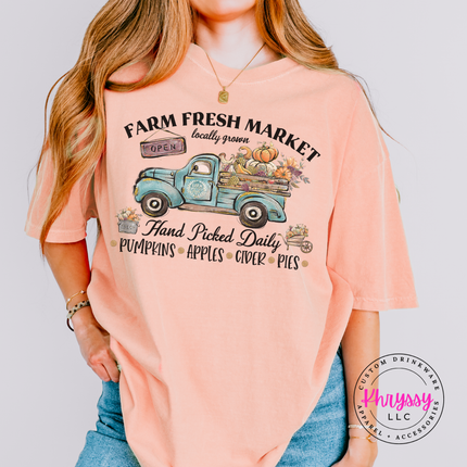 Peachy tee with the hand picked pumpkins apples and cider print