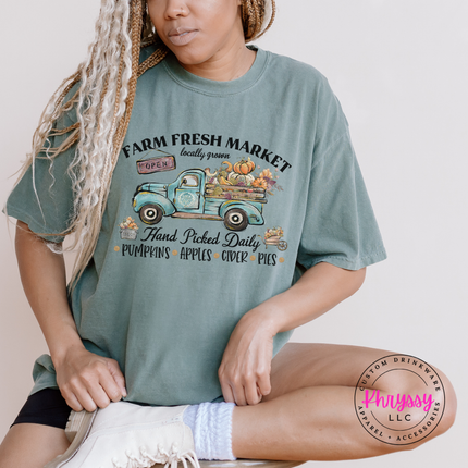 Sage tee with the vintage farm truck with pumpkins fall graphic
