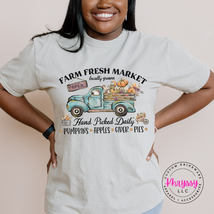 Sandstone tee with the Farm Fresh Market vintage truck graphic
