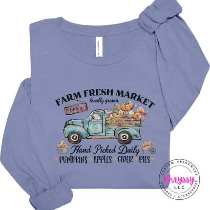 Lavender Blue long sleeve tee with the vintage farm truck with pumpkins fall graphic