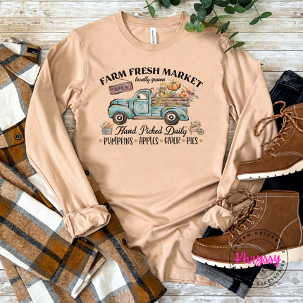 Sand Dune long sleeve tee with the Farm Fresh Market vintage truck graphic
