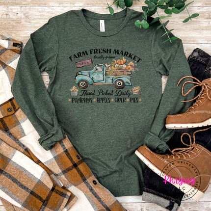 Heather Forest tee styled for fall, featuring a vintage truck design.