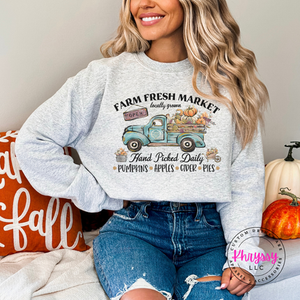 Ash crewneck sweatshirt with a Farm Fresh Market illustration.