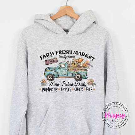 Ash pullover hoodie with a Farm Fresh Market illustration.