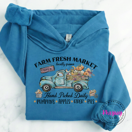 Carolins blue hoodie featuring a vintage farm truck and produce.