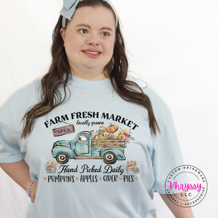 Chambray tee with the hand picked pumpkins apples and cider print
