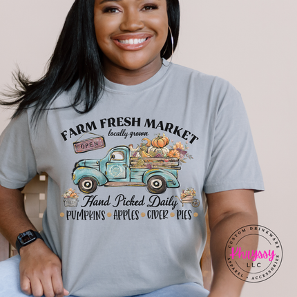 Gray tee with the vintage farm truck with pumpkins fall graphic