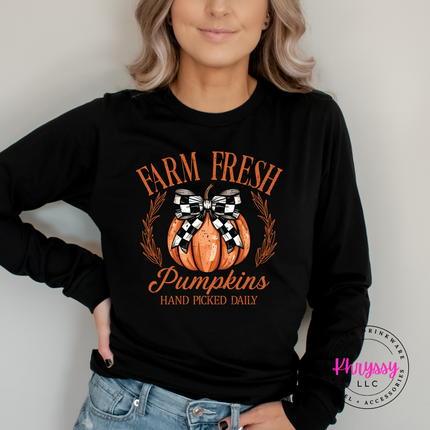 Black long sleeve tee with the checkered bow pumpkin farm fresh design