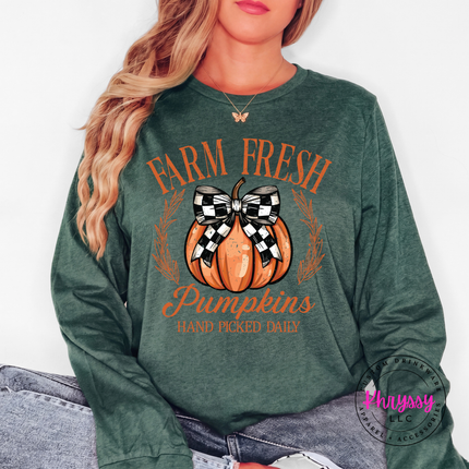 Heather Forest long sleeve tee with the hand picked daily pumpkin patch print