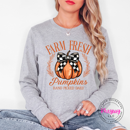 Athletic Heather long sleeve tee with the Farm Fresh Pumpkins hand picked daily graphic
