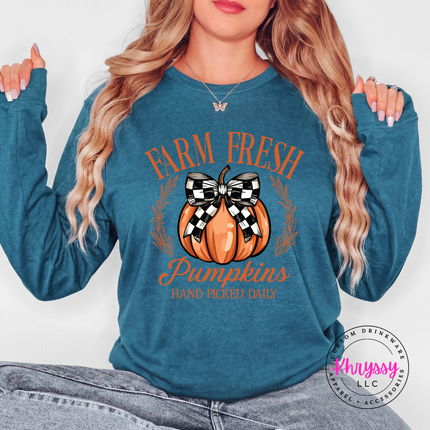 Heather Deep Teal long sleeve tee with the farm fresh pumpkins wreath and bow graphic