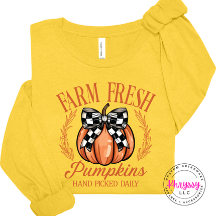 Heather Yellow Gold long sleeve tee with the checkered bow pumpkin farm fresh design