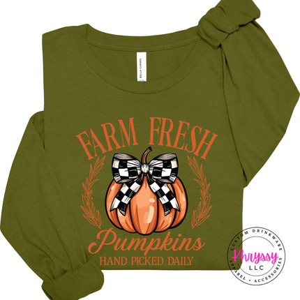 Olive long sleeve tee with the Farm Fresh Pumpkins hand picked daily graphic