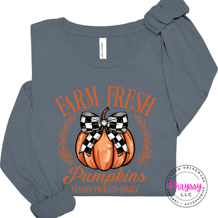 Steel Blue long sleeve tee with the checkered bow pumpkin farm fresh design