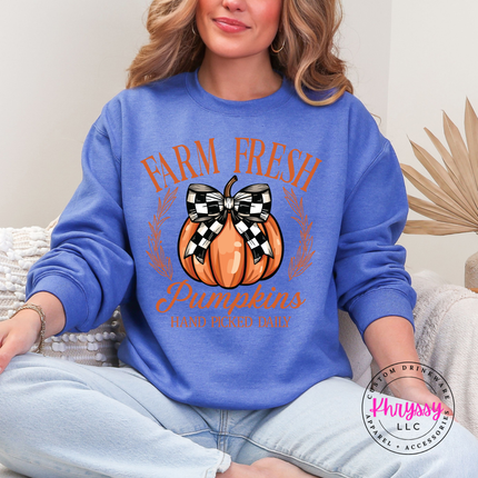 Heather Sport Royal crewneck sweatshirt with the farm fresh pumpkins wreath and bow graphic
