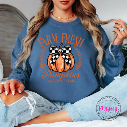 Indigo Blue crewneck sweatshirt with the Farm Fresh Pumpkins hand picked daily graphic