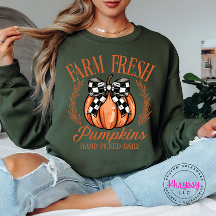 Military Green crewneck sweatshirt with the hand picked daily pumpkin patch print