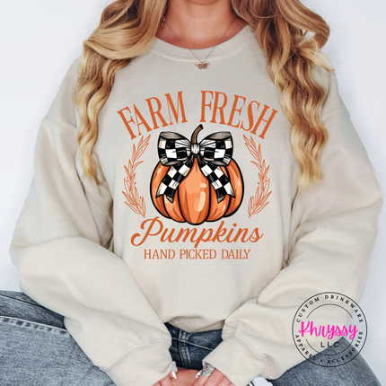 Sand crewneck sweatshirt with the Farm Fresh Pumpkins hand picked daily graphic