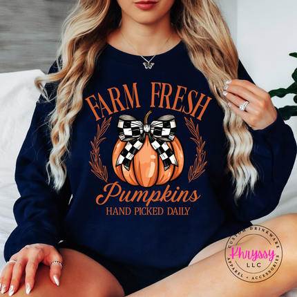 Navy crewneck sweatshirt with the farm fresh pumpkins wreath and bow graphic
