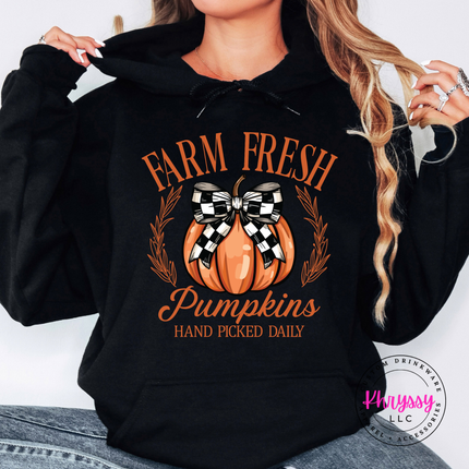 Farm Fresh Pumpkins Checkered Bow Pullover Hoodie
