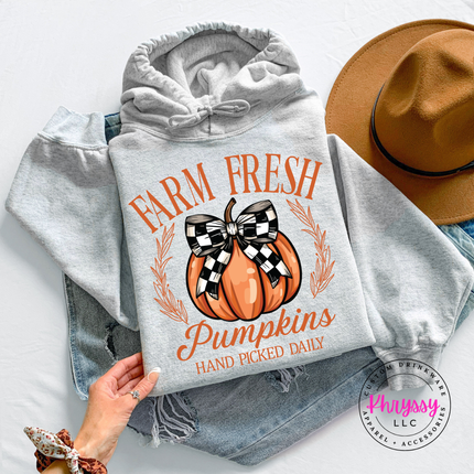 Ash hoodie with the checkered bow pumpkin farm fresh design