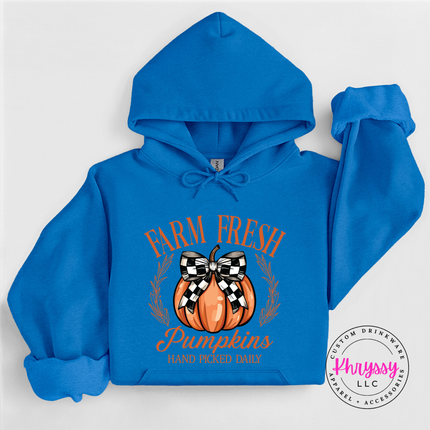 Antique Sapphire hoodie with the Farm Fresh Pumpkins hand picked daily graphic