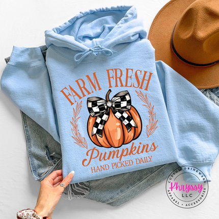 Light Blue hoodie with the checkered bow pumpkin farm fresh design