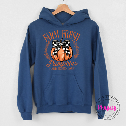Indigo Blue hoodie with the Farm Fresh Pumpkins hand picked daily graphic
