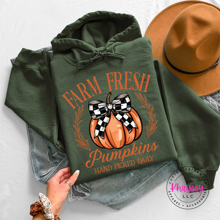 Military Green hoodie with the hand picked daily pumpkin patch print
