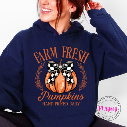 navy pullover hoodie with a Farm Fresh Pumpkins illustration.