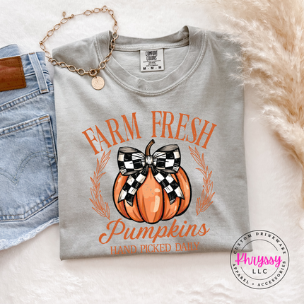 Graphite colored tee with a farmhouse pumpkin and laurel design.