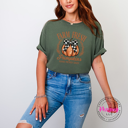 Hemp tee with the Farm Fresh Pumpkins hand picked daily graphic