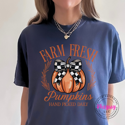 True Navy tee with the Farm Fresh Pumpkins hand picked daily graphic
