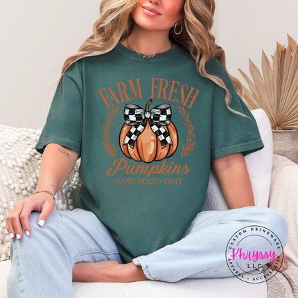 Blue Spruce tee with the hand picked daily pumpkin patch print
