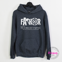 Dark Graphit pullover hoodie featuring a mighty dad graphic illustration.