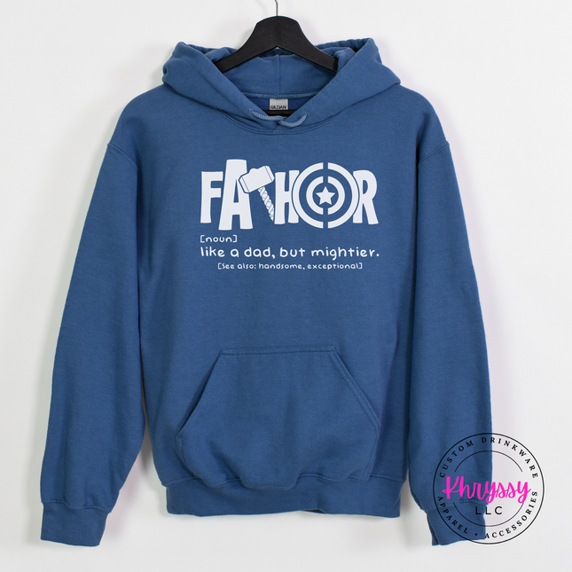 Indigo blue heavyweight hoodie with a fathor mighty dad graphic print.