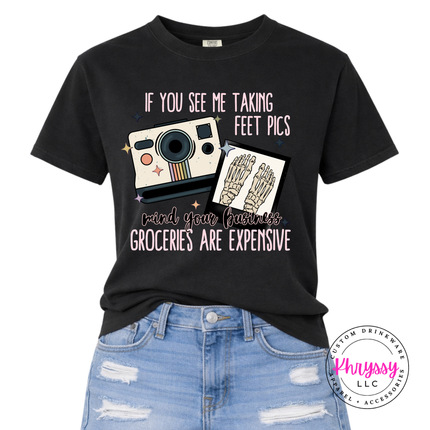 Black tee with a retro camera and skeleton feet humor graphic