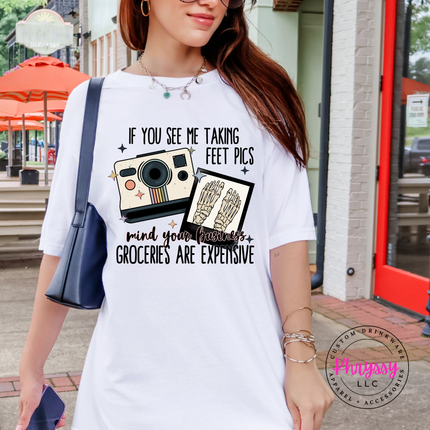White tee with a funny feet pics groceries are expensive meme design