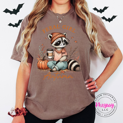 Espresso tee with the Feral Girl Autumn raccoon graphic