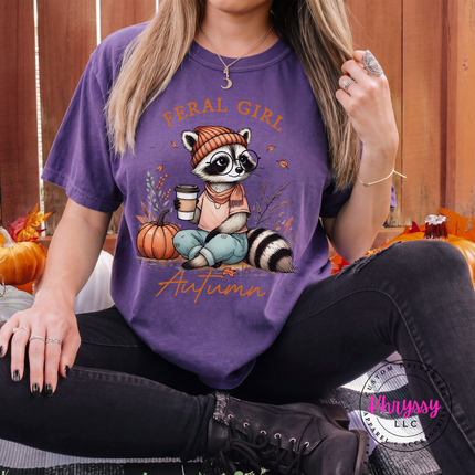 Grape tee with the funny feral girl autumn raccoon with coffee design