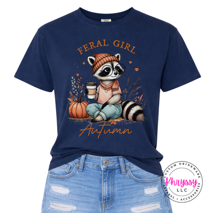 True navy colored tee with a funny feral girl autumn raccoon design.
