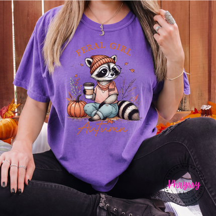 Violet tee with the funny feral girl autumn raccoon with coffee design