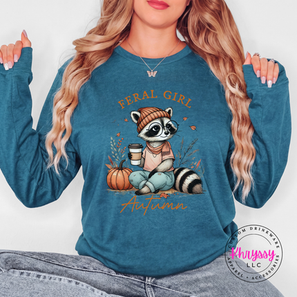 Heather Forest long sleeve tee with the feral girl autumn pumpkin raccoon graphic