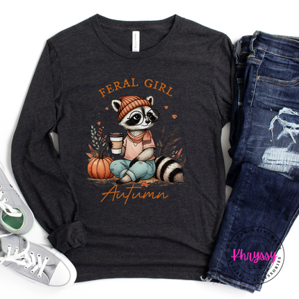 Dark Gray Heather long sleeve tee with the raccoon in a beanie fall print