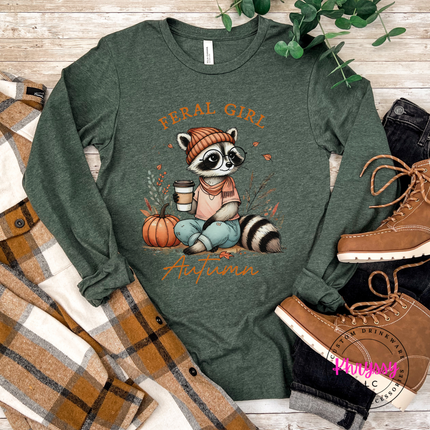 Heather Green colored top with a hand-illustrated feral girl raccoon print.