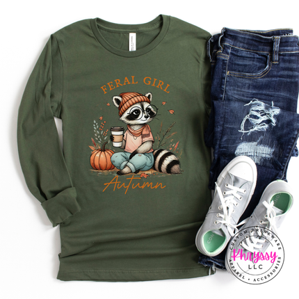 Heather Deep Teal long sleeve tee with the Feral Girl Autumn raccoon graphic