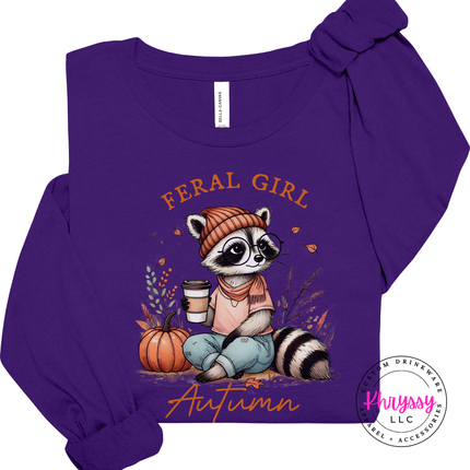 Olive long sleeve tee with the feral girl autumn pumpkin raccoon graphic